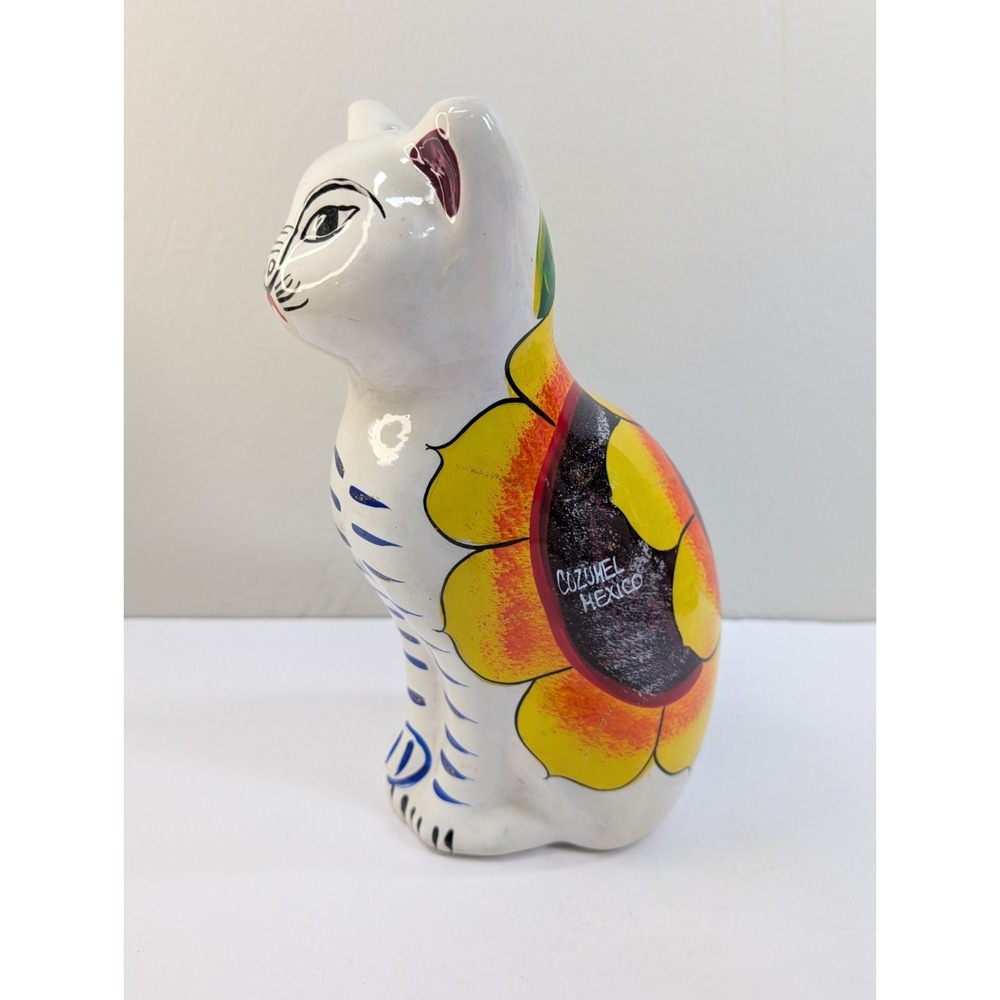 Vintage 80s Folk Art Ceramic Cat Figure‎ 8 1/2 In